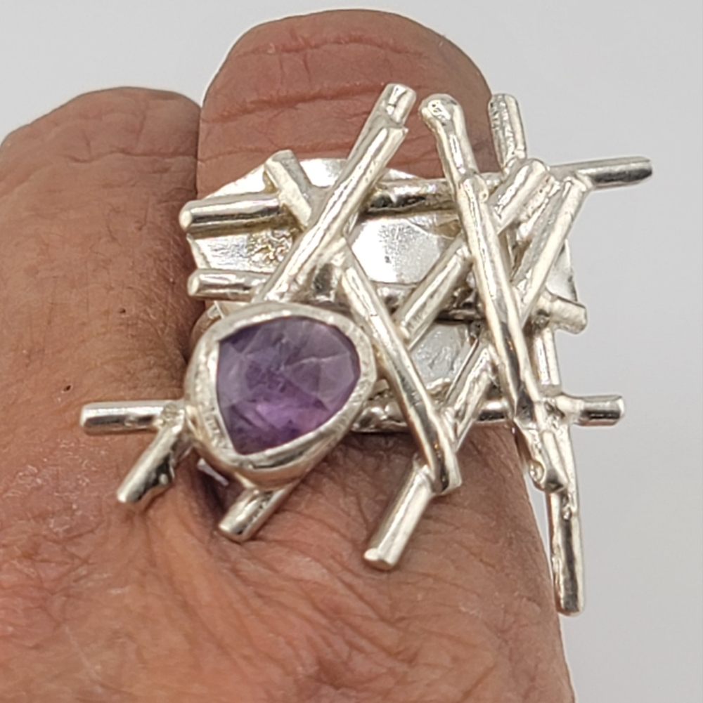 AMETHYST ABSTRACT RING HANDMADE IN STERLING SILVER METAL SIZE 8 - Picture 4 of 7